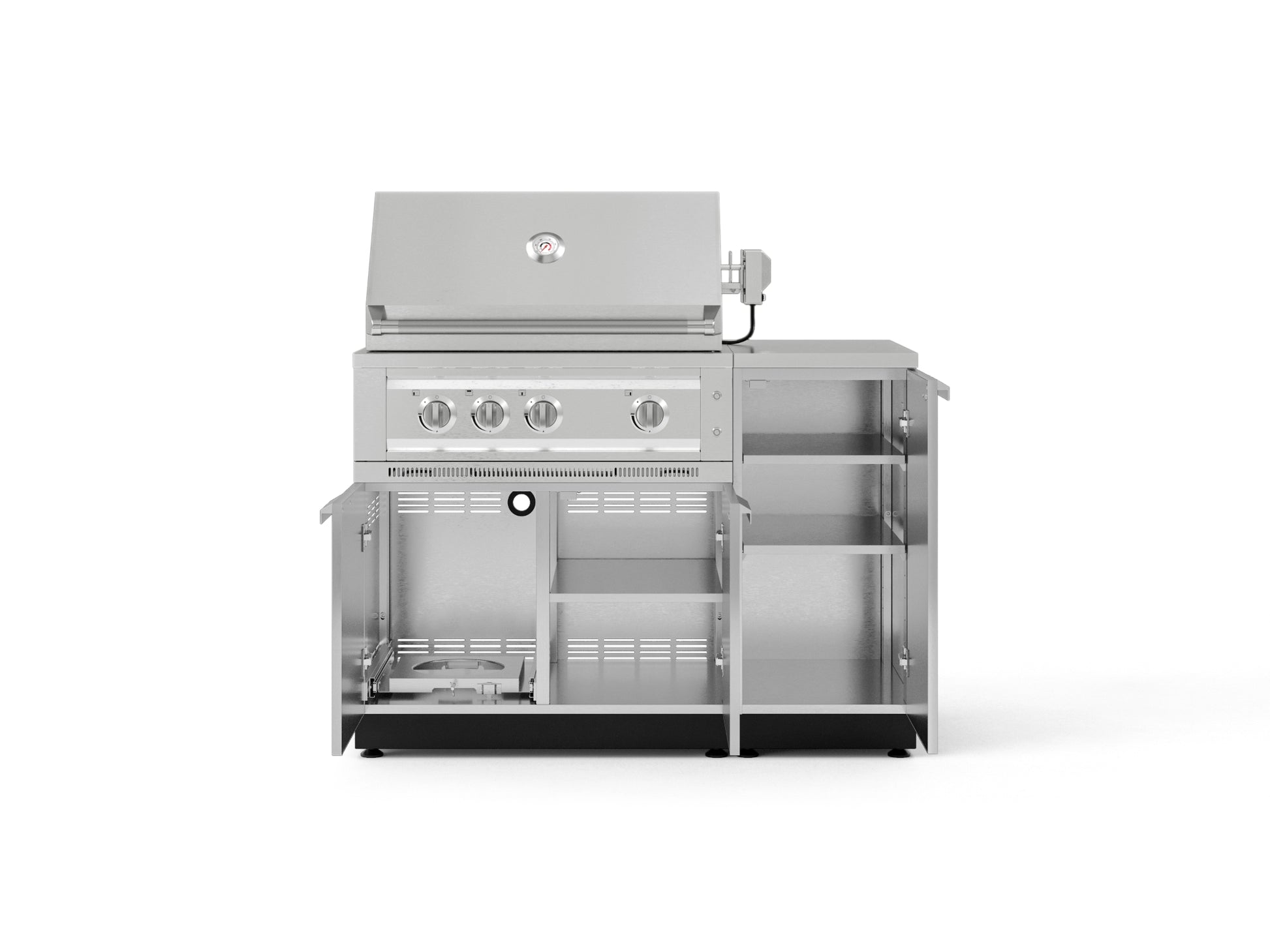 Premium 304 stainless steel grill with open storage, four burners—ideal for modular outdoor kitchen designs.
