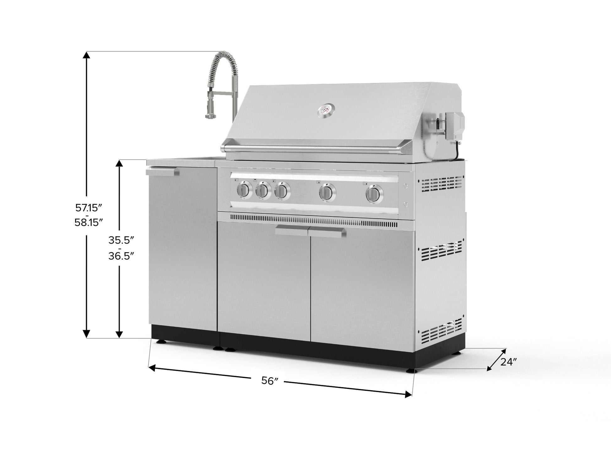 Stainless steel grill with integrated sink, four control knobs, and modular design for premium outdoor kitchens.