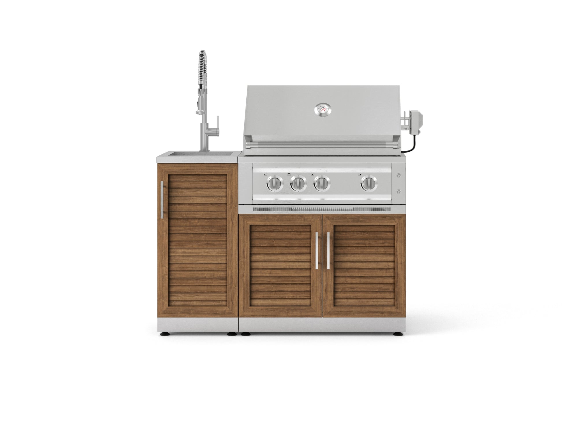 Premium outdoor grill with stainless steel hood, control knobs, sink, and modular kitchen cabinets.
