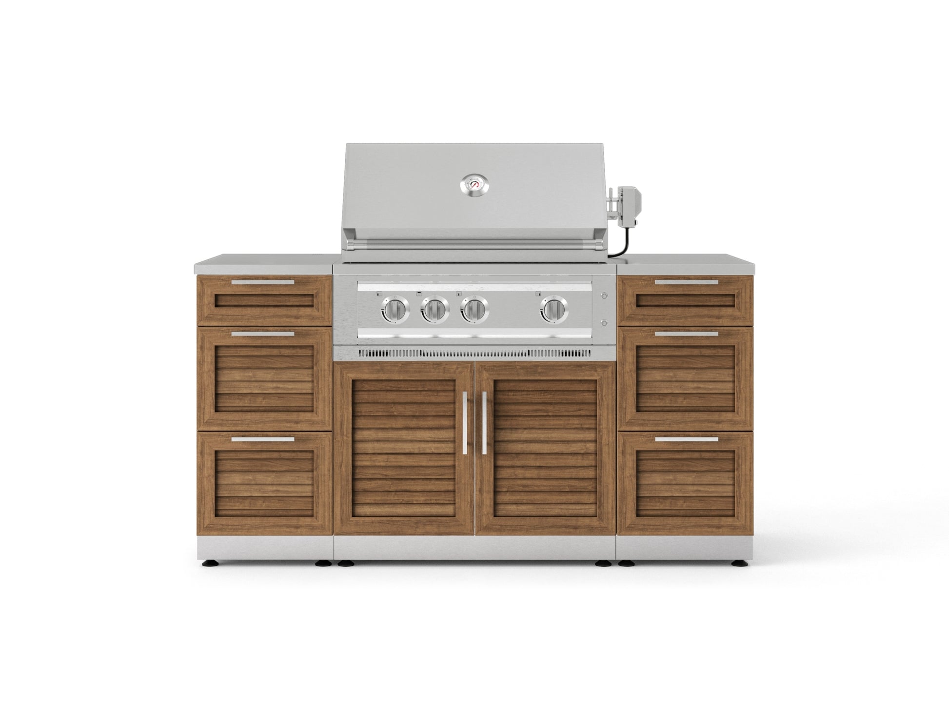 Premium outdoor grill with modular cabinets, stainless steel top, four burners, and built-in thermometer.