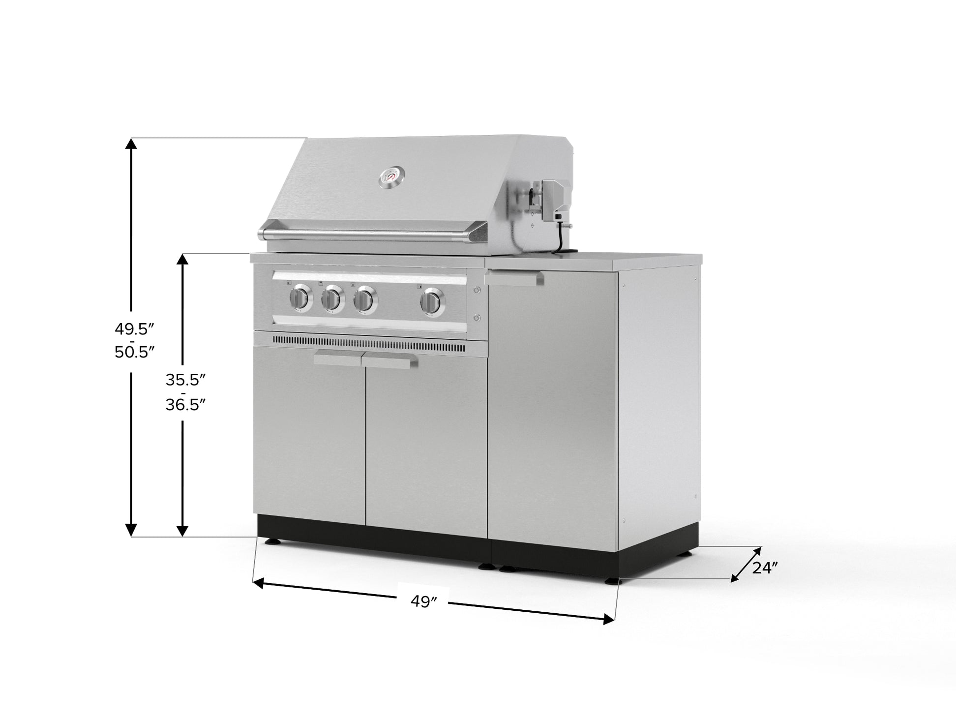 Premium 304 stainless steel grill with 4 burners, closed lid, outdoor kitchen cabinets, and labeled dimensions.
