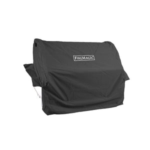 Firemagic grill cover protects your BBQ, with durable weather-resistant logo—ideal for premium outdoor kitchens.