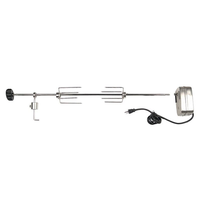 Fire Magic stainless steel rotisserie kit for E25 electric grill with spit rod, forks, and motor—ideal for outdoor kitchens.