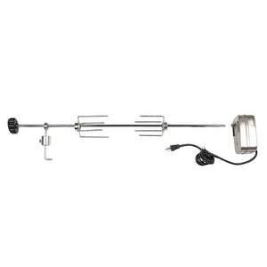 Fire Magic stainless steel rotisserie kit for E25 electric grill with spit rod, forks, and motor—ideal for outdoor kitchens.