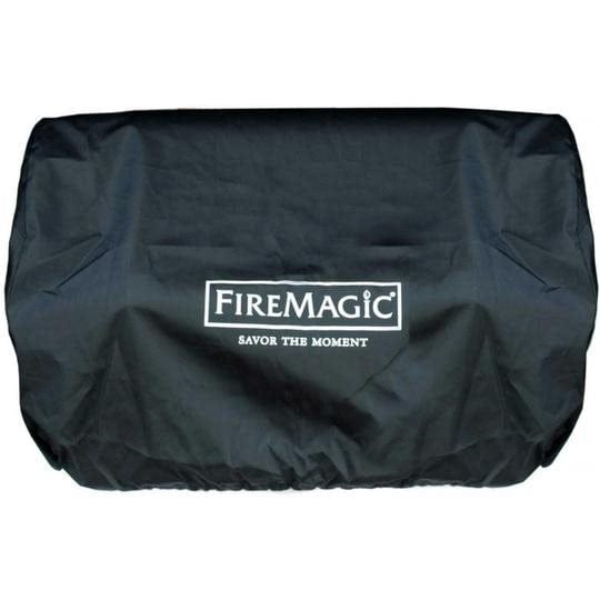 Fire Magic grill cover with logo and "Savor The Moment," offering premium protection for your outdoor kitchen.