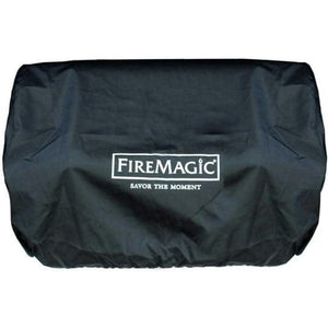 Fire Magic grill cover with logo and "Savor The Moment," offering premium protection for your outdoor kitchen.