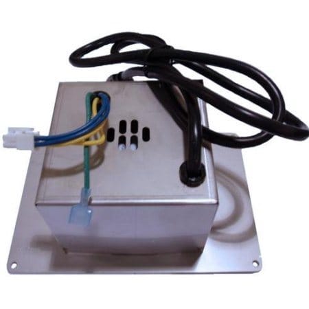 Fire Magic transformer power supply with colored wires, black cable, and square plate for outdoor kitchen setups.