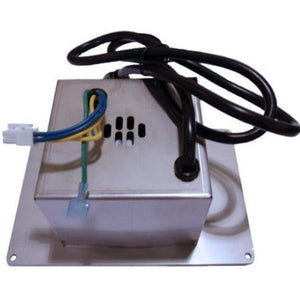 Fire Magic transformer power supply with colored wires, black cable, and square plate for outdoor kitchen setups.