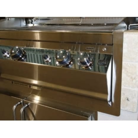 Fire Magic stainless steel grill with four control knobs and storage cabinet, ideal for upscale outdoor kitchens.