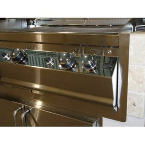 Fire Magic stainless steel grill with four control knobs and storage cabinet, ideal for upscale outdoor kitchens.