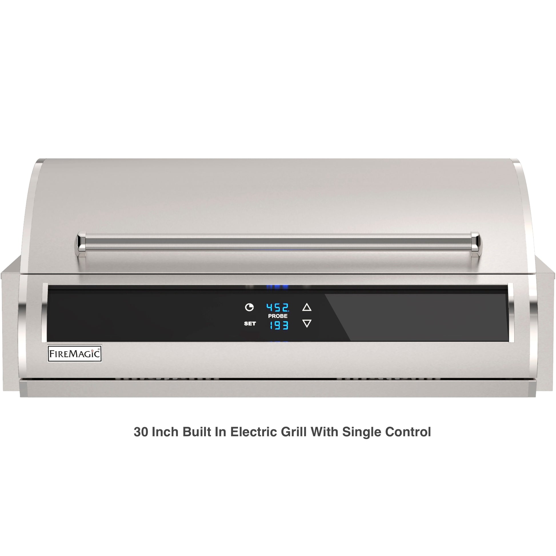 Firemagic electric grill with digital display and control panel, closed lid, ideal for luxury outdoor kitchens.