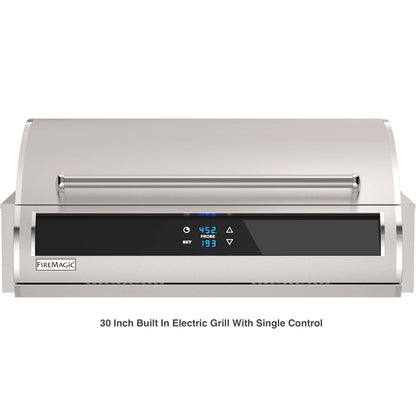 Firemagic electric grill with digital display and control panel, closed lid, ideal for luxury outdoor kitchens.