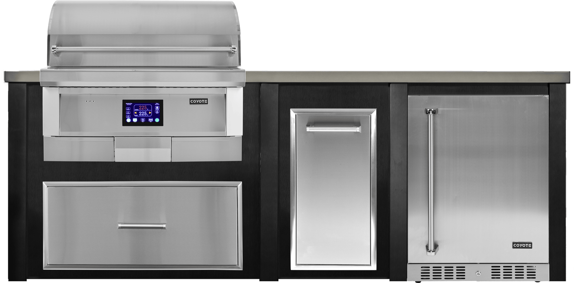 Haven Islands Brushed Black / Natural Gas / Left Haven 8 Ft Coyote Pellet Outdoor Kitchen Island w/ 24" Refrigerator HCOY96PREF
