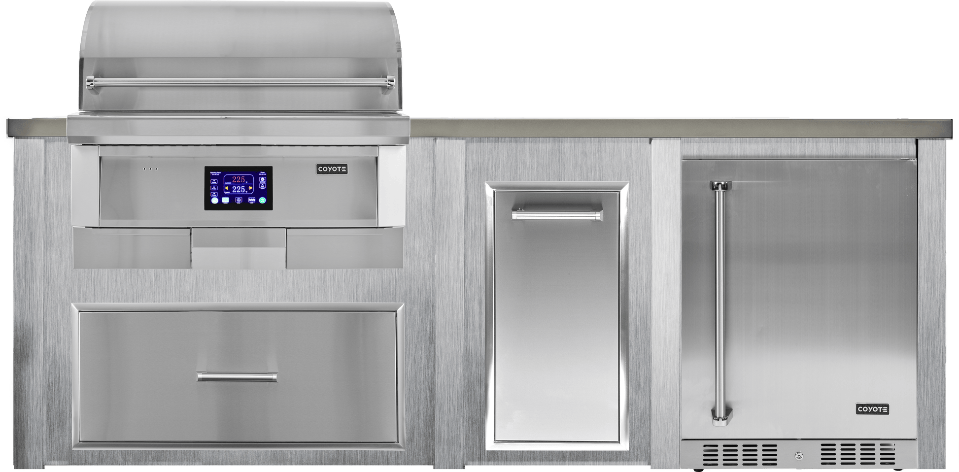 Haven Islands Harbor Gray / Natural Gas / Left Haven 8 Ft Coyote Pellet Outdoor Kitchen Island w/ 24" Refrigerator HCOY96PREF