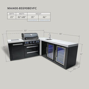 Mont Alpi 400 Black Stainless Steel Island with 90 Degree Corner, Beverage Center, and Fridge Cabinet | 4-Burner Grill, Sink, 2 Fridges | MAi400-BSS90BEVFC