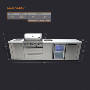 Mont Alpi 400 Classic Island with Beverage Center | 4-Burner Grill, Sink, Fridge, Stainless Steel | MAi400-BEV