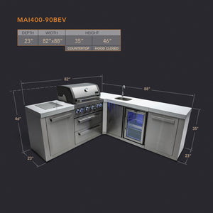 Mont Alpi 400 Classic Island with 90 Degree Corner and Beverage Center | 4-Burner Grill, Sink, Fridge, Stainless Steel | MAi400-90BEV