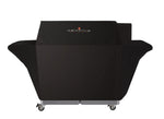 Weather-resistant pellet grill cover on a wheeled outdoor grill cart, shown front view for premium outdoor kitchens.