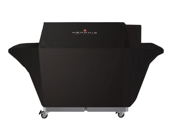 Weather-resistant pellet grill cover on a wheeled outdoor grill cart, shown front view for premium outdoor kitchens.