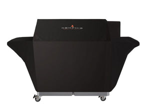 Weather-resistant pellet grill cover on a wheeled outdoor grill cart, shown front view for premium outdoor kitchens.