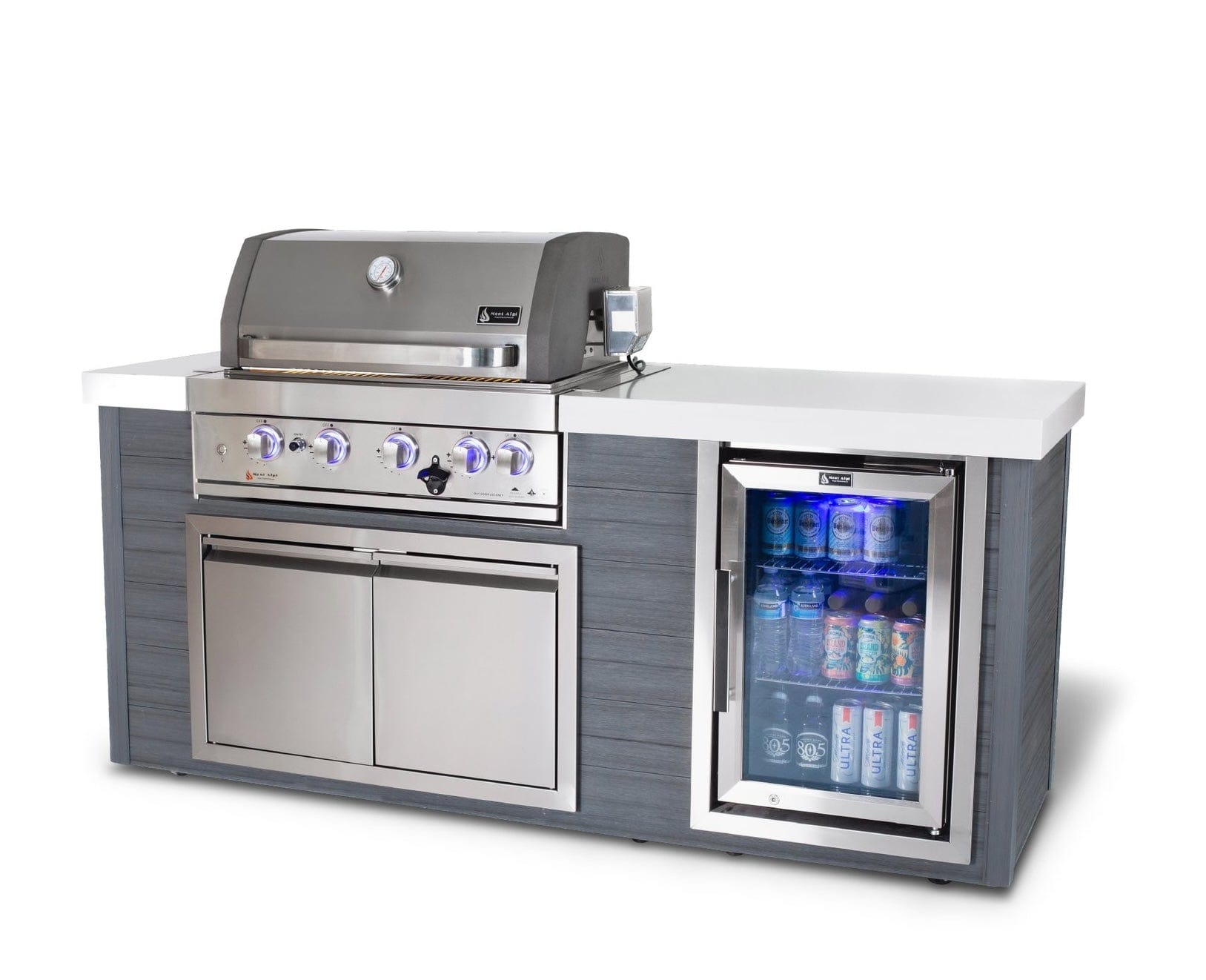 Mont Alpi Islands Mont Alpi 400 Artwood Island with Fridge Cabinet / 4-Burner Grill, Fridge, Infrared Rear Burner, Rotisserie, Cover / MA400-AW