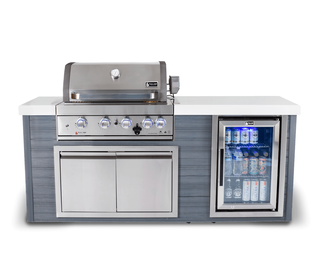 Mont Alpi Islands Mont Alpi 400 Artwood Island with Fridge Cabinet / 4-Burner Grill, Fridge, Infrared Rear Burner, Rotisserie, Cover / MA400-AW