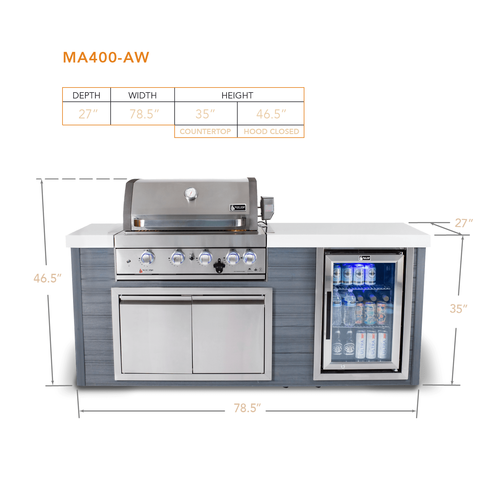 Mont Alpi Islands Mont Alpi 400 Artwood Island with Fridge Cabinet / 4-Burner Grill, Fridge, Infrared Rear Burner, Rotisserie, Cover / MA400-AW