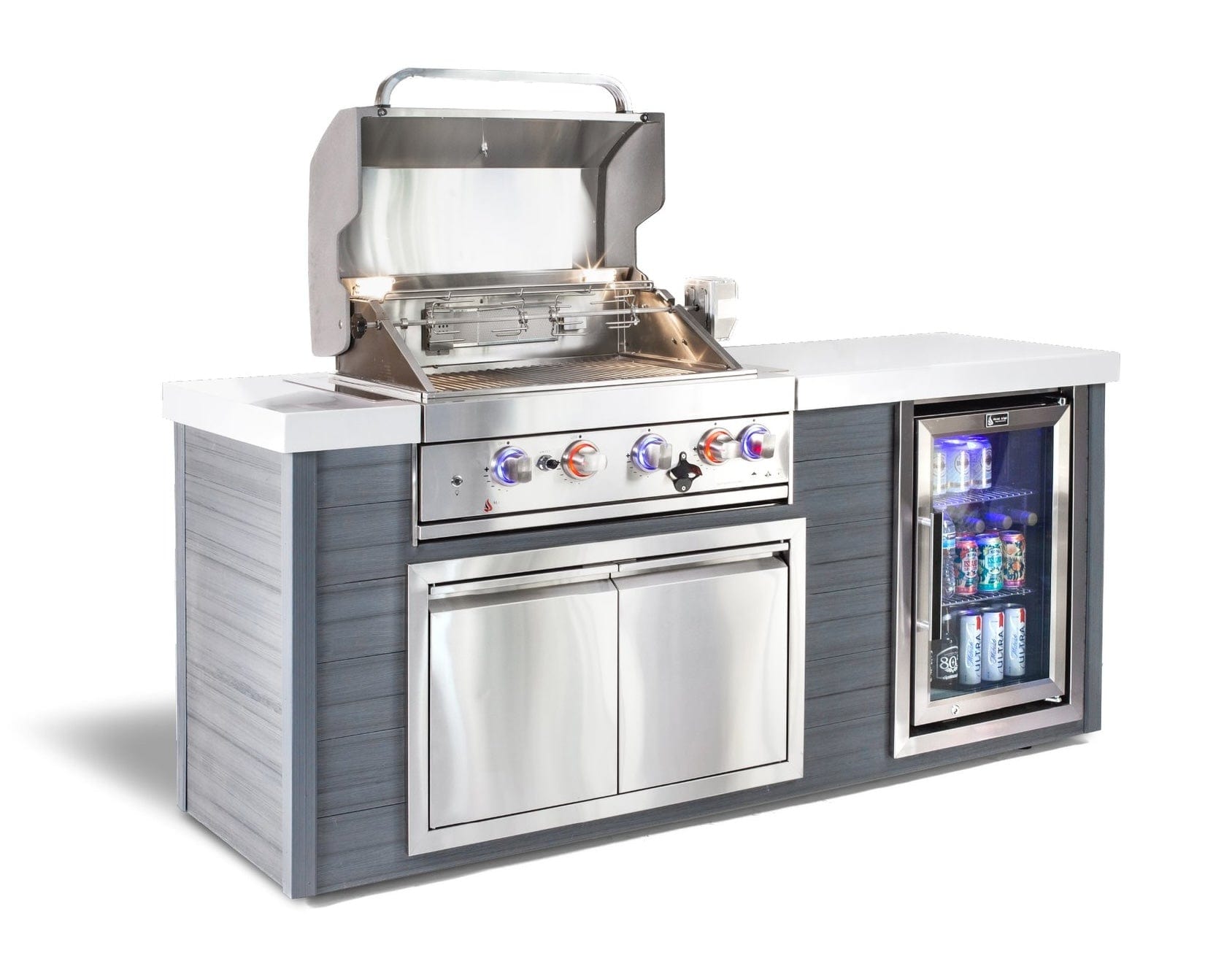 Mont Alpi Islands Mont Alpi 400 Artwood Island with Fridge Cabinet / 4-Burner Grill, Fridge, Infrared Rear Burner, Rotisserie, Cover / MA400-AW