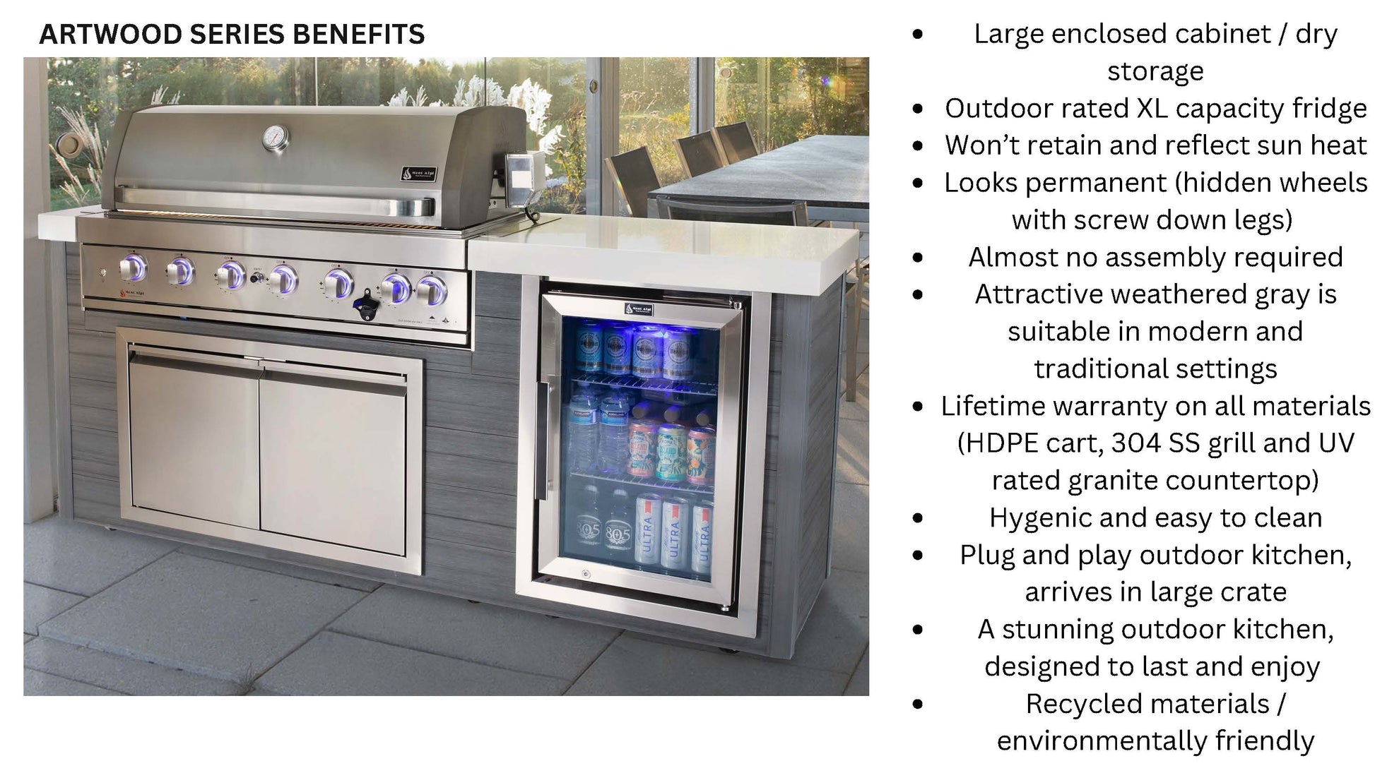 Mont Alpi Islands Mont Alpi 400 Artwood Island with Stainless Steel Grill and Fridge / 4-Burners, Infrared Rear Burner, Rotisserie Kit, Cover / MA400-AW