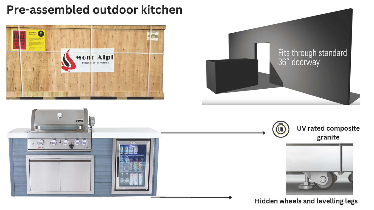 Mont Alpi Islands Mont Alpi 400 Artwood Island with Stainless Steel Grill and Fridge / 4-Burners, Infrared Rear Burner, Rotisserie Kit, Cover / MA400-AW