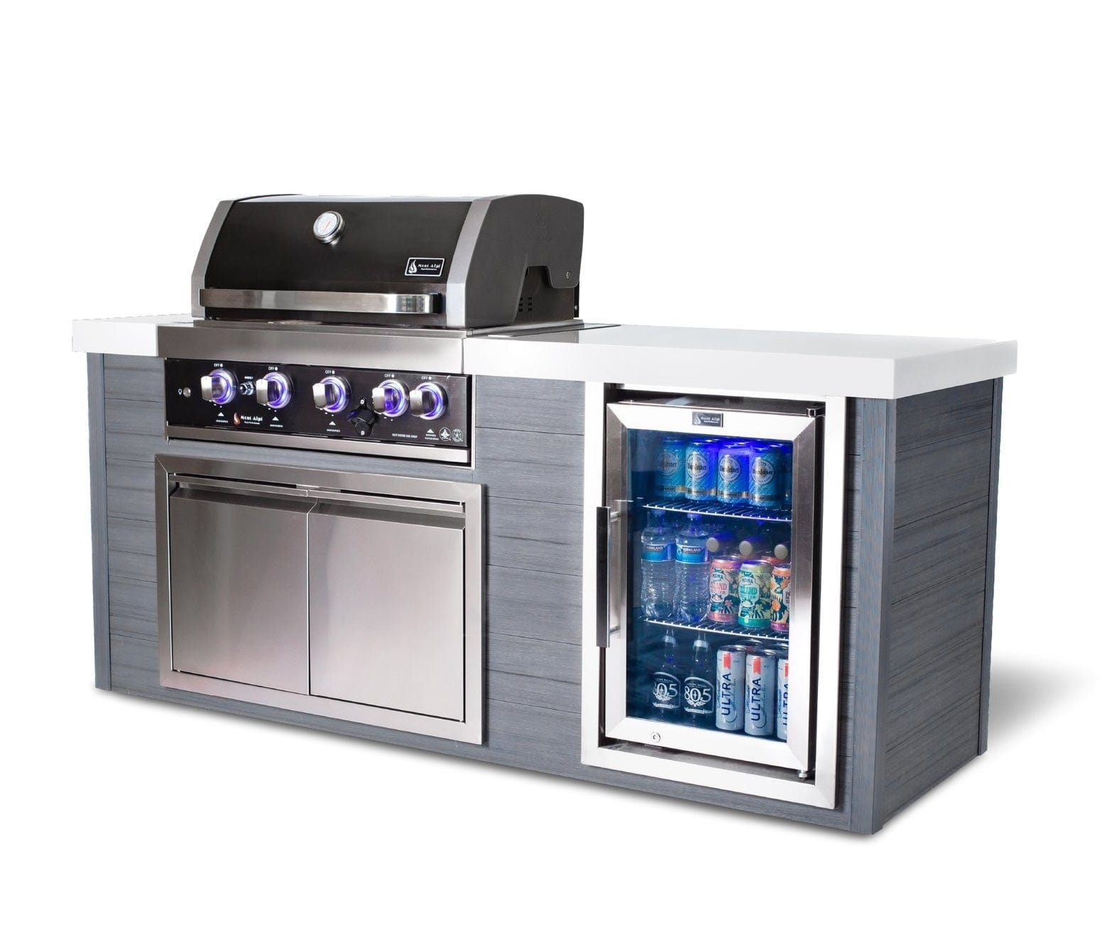Mont Alpi Islands Mont Alpi 400 Black Stainless Steel Artwood Island with Fridge Cabinet / 4-Burner Grill, Fridge, Infrared Rear Burner, Rotisserie, Cover / MA400-AWBSS