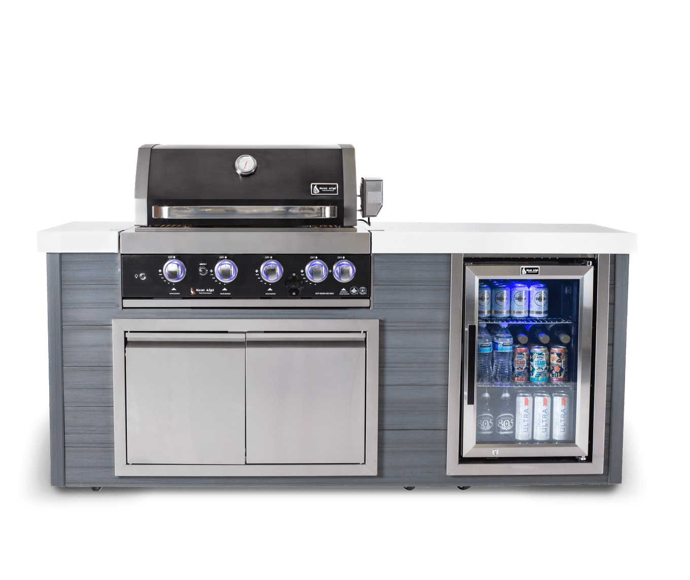 Mont Alpi Islands Mont Alpi 400 Black Stainless Steel Artwood Island with Fridge Cabinet / 4-Burner Grill, Fridge, Infrared Rear Burner, Rotisserie, Cover / MA400-AWBSS
