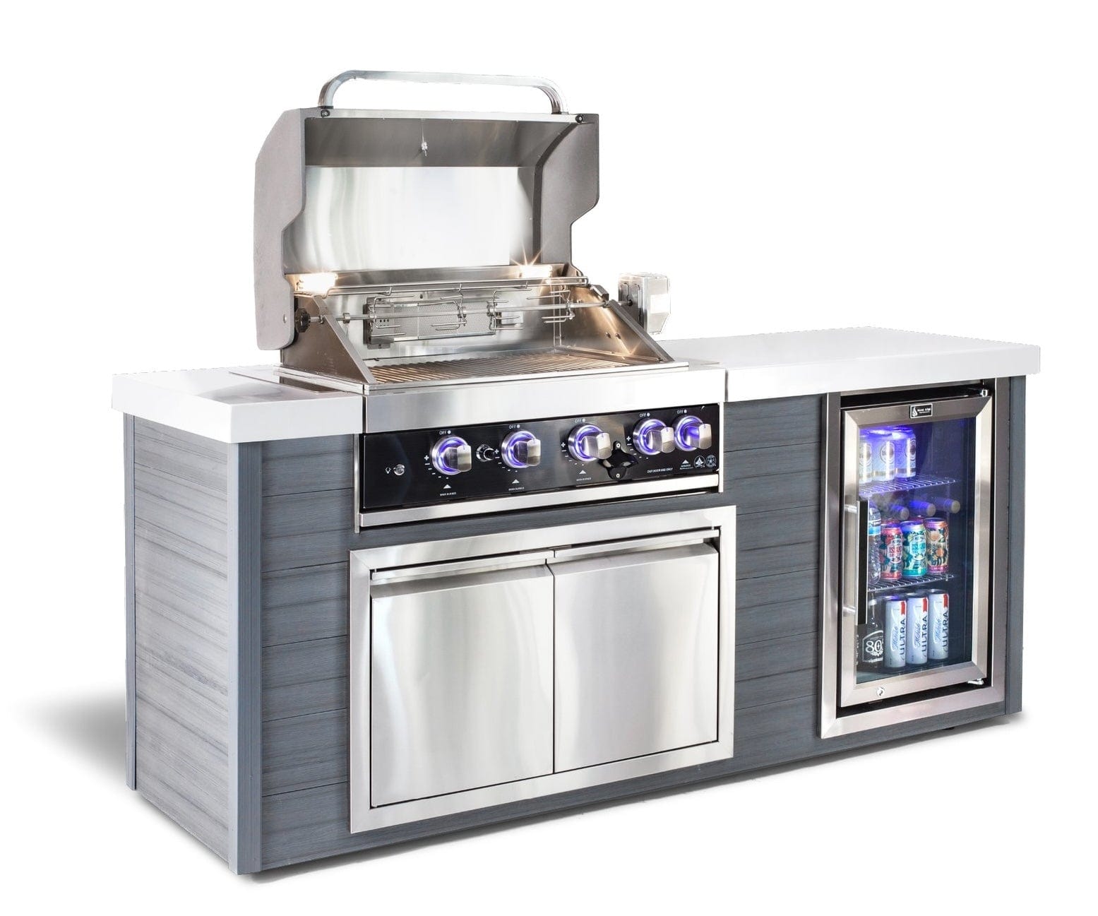 Mont Alpi Islands Mont Alpi 400 Black Stainless Steel Artwood Island with Fridge Cabinet / 4-Burner Grill, Fridge, Infrared Rear Burner, Rotisserie, Cover / MA400-AWBSS