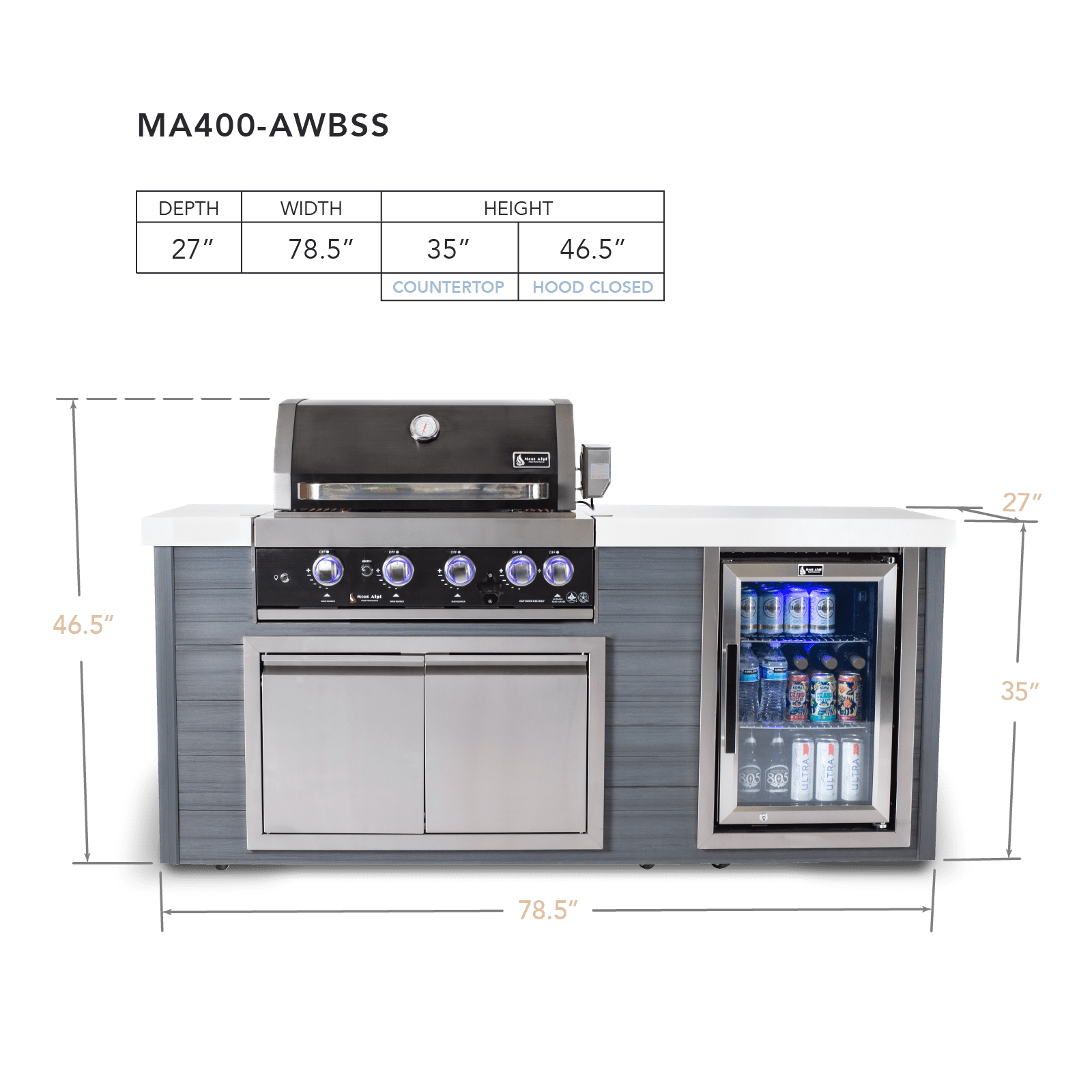 Mont Alpi 400 Black Stainless Steel Artwood Island MA400-AWBSS measurement diagram