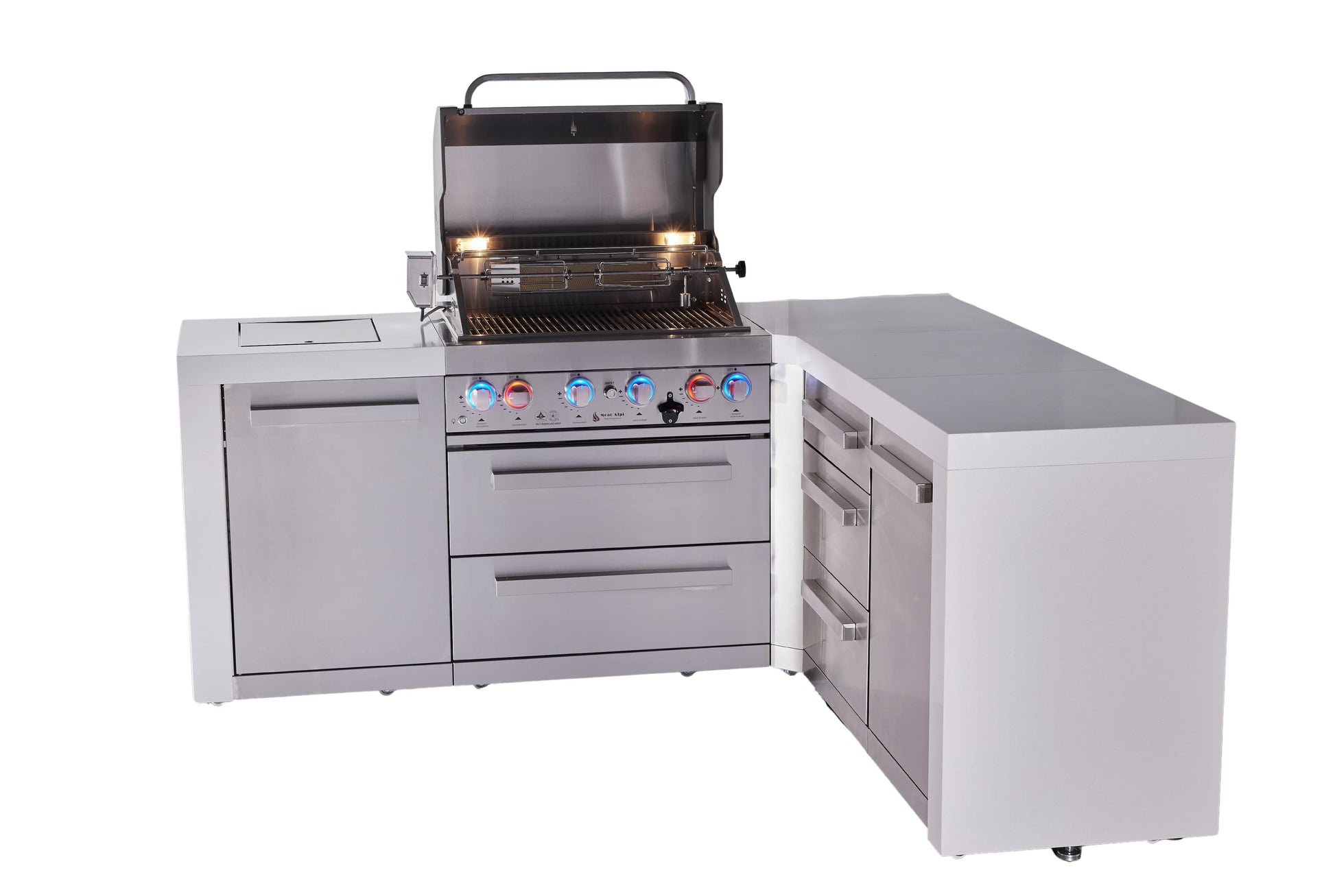 Mont Alpi Islands Mont Alpi 400 Deluxe Island with 90 Degree Corner and Drawer Cabinet | 4-Burner Grill, 3 Drawers, Stainless Steel | MAi400-D90DR