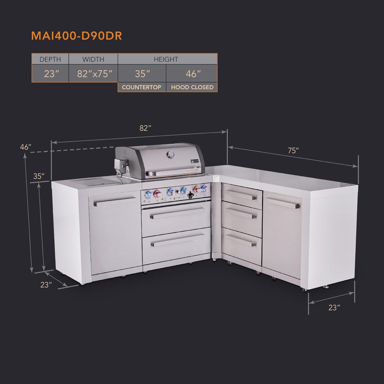 Mont Alpi Islands Mont Alpi 400 Deluxe Island with 90 Degree Corner and Drawer Cabinet | 4-Burner Grill, 3 Drawers, Stainless Steel | MAi400-D90DR