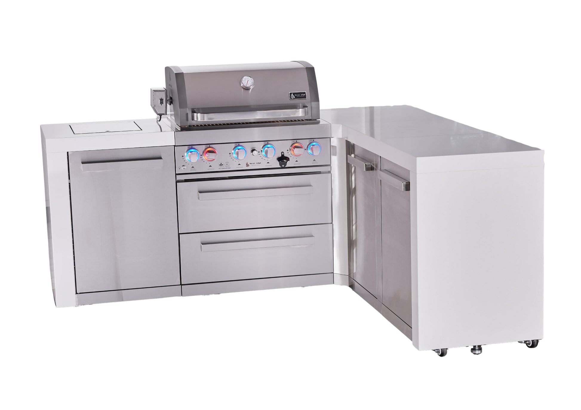 Mont Alpi Islands Mont Alpi 400 Deluxe Island with 90 Degree Corner and Extra Storage Cabinet | 4-Burner Grill, Stainless Steel | MAi400-D90XL