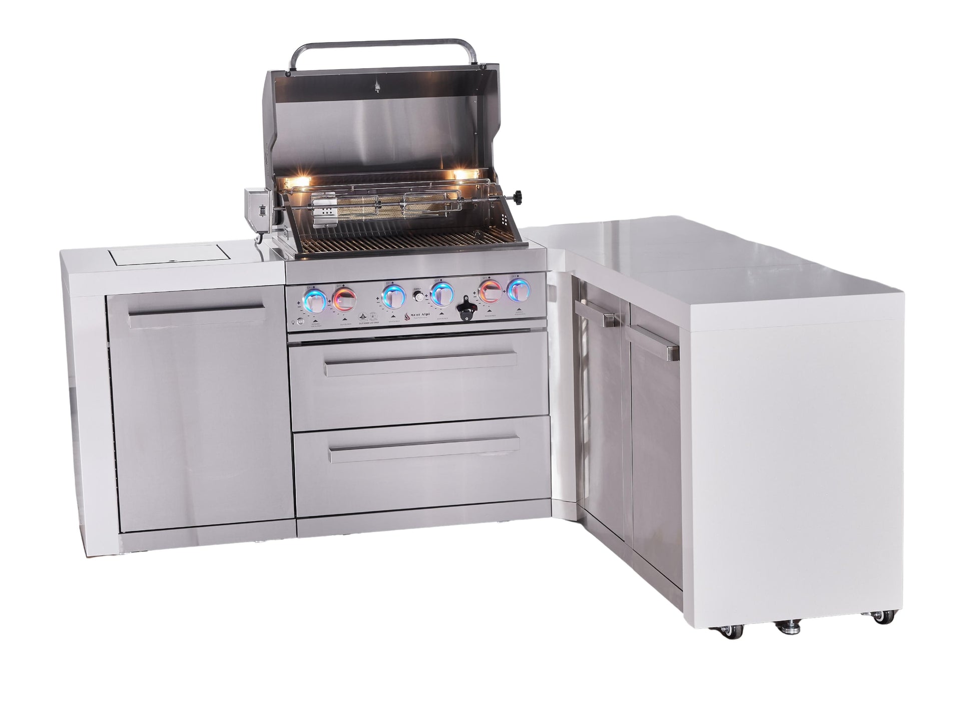 Mont Alpi Islands Mont Alpi 400 Deluxe Island with 90 Degree Corner and Extra Storage Cabinet | 4-Burner Grill, Stainless Steel | MAi400-D90XL