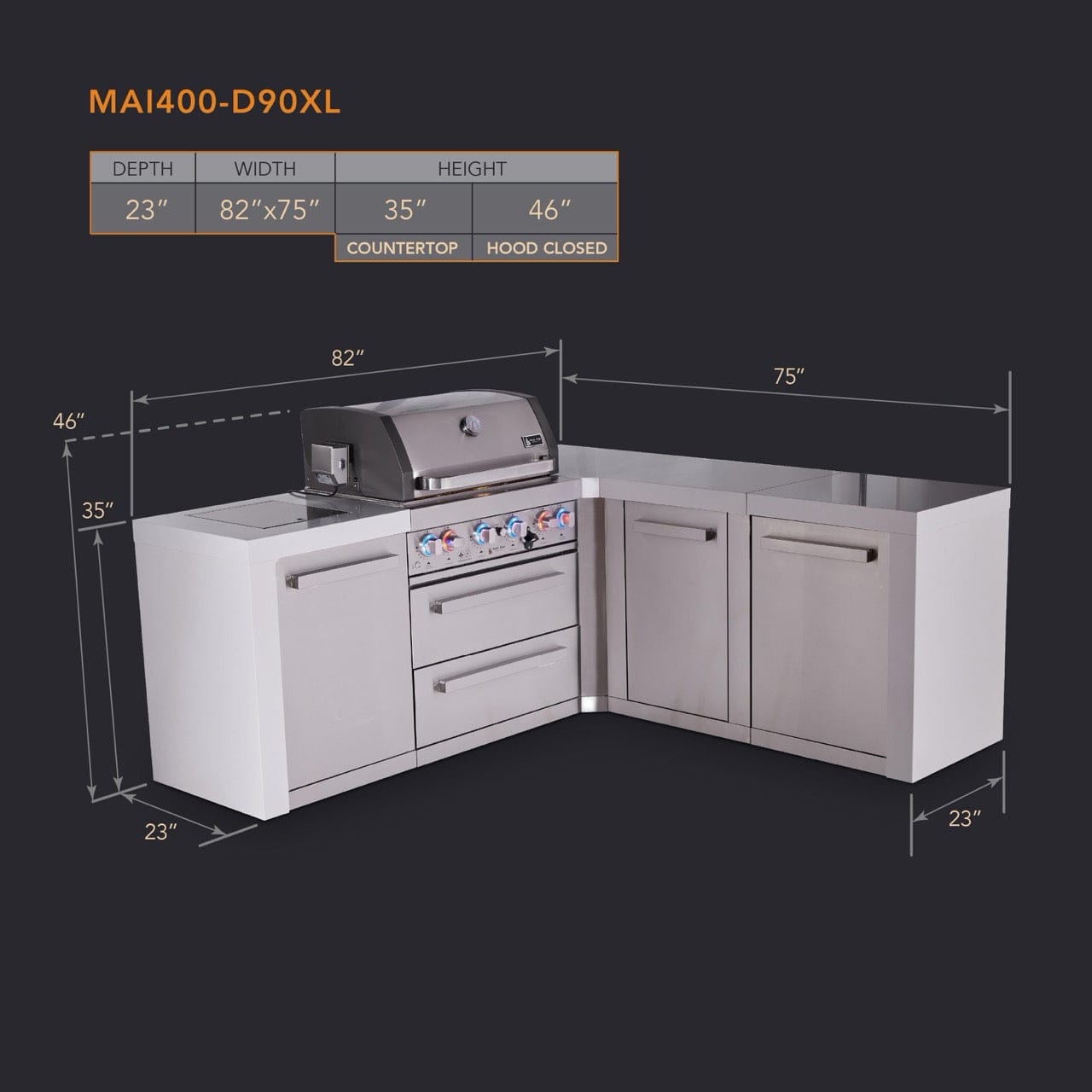 Mont Alpi Islands Mont Alpi 400 Deluxe Island with 90 Degree Corner and Extra Storage Cabinet | 4-Burner Grill, Stainless Steel | MAi400-D90XL