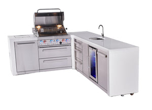 Mont Alpi Islands Mont Alpi 400 Deluxe Island with 90 Degree Corner, Beverage Center and Drawer Cabinet | 4-Burner Grill, 3 Drawers, Sink, Fridge, Stainless Steel | MAi400-D90BEVDR