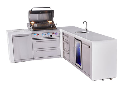 Mont Alpi Islands Mont Alpi 400 Deluxe Island with 90 Degree Corner, Beverage Center and Drawer Cabinet | 4-Burner Grill, 3 Drawers, Sink, Fridge, Stainless Steel | MAi400-D90BEVDR