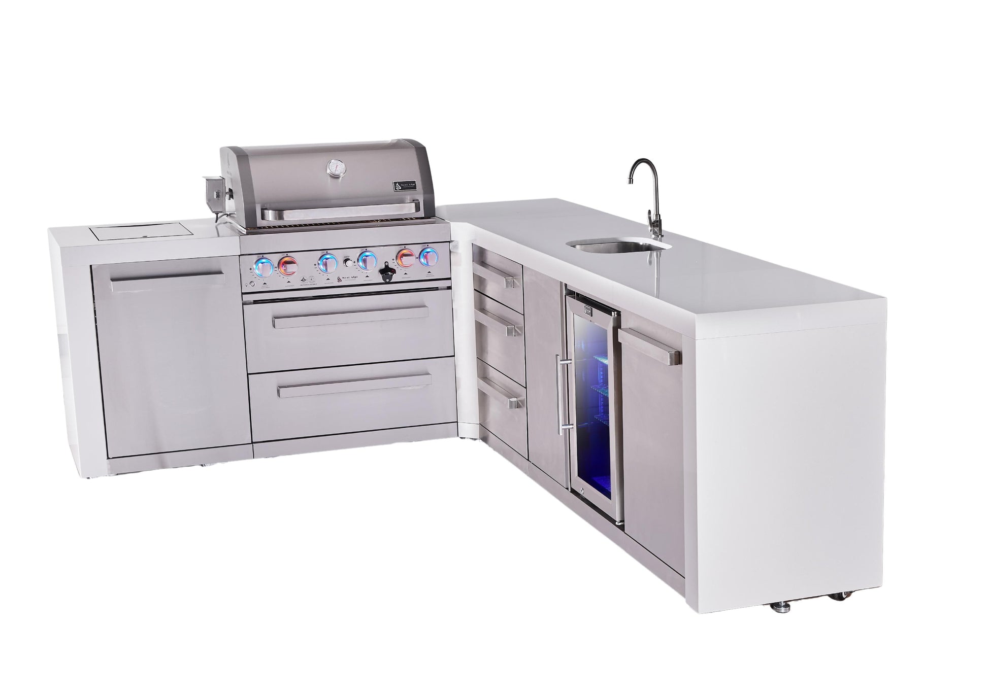 Mont Alpi Islands Mont Alpi 400 Deluxe Island with 90 Degree Corner, Beverage Center and Drawer Cabinet | 4-Burner Grill, 3 Drawers, Sink, Fridge, Stainless Steel | MAi400-D90BEVDR
