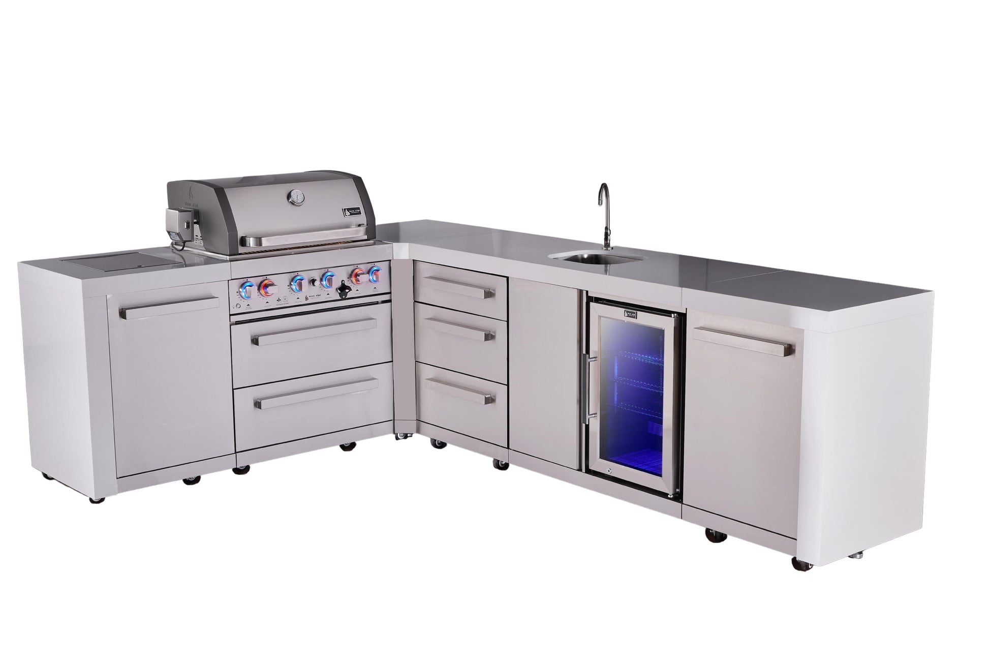 Mont Alpi Islands Mont Alpi 400 Deluxe Island with 90 Degree Corner, Beverage Center and Drawer Cabinet | 4-Burner Grill, 3 Drawers, Sink, Fridge, Stainless Steel | MAi400-D90BEVDR