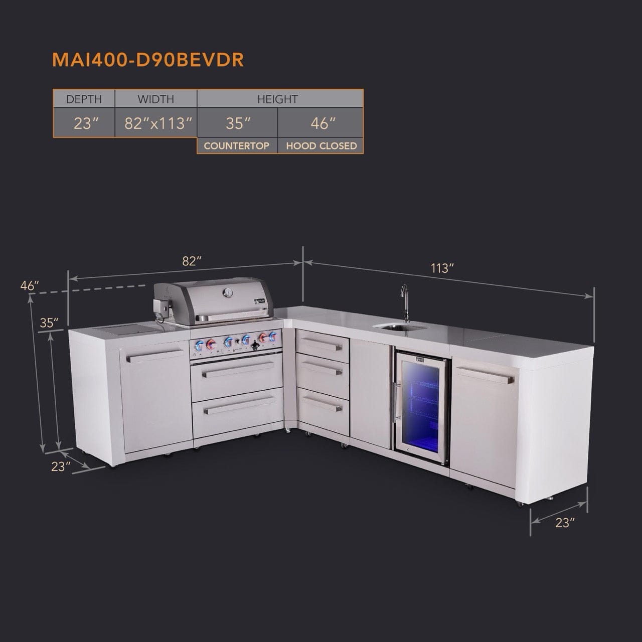 Mont Alpi Islands Mont Alpi 400 Deluxe Island with 90 Degree Corner, Beverage Center and Drawer Cabinet | 4-Burner Grill, 3 Drawers, Sink, Fridge, Stainless Steel | MAi400-D90BEVDR