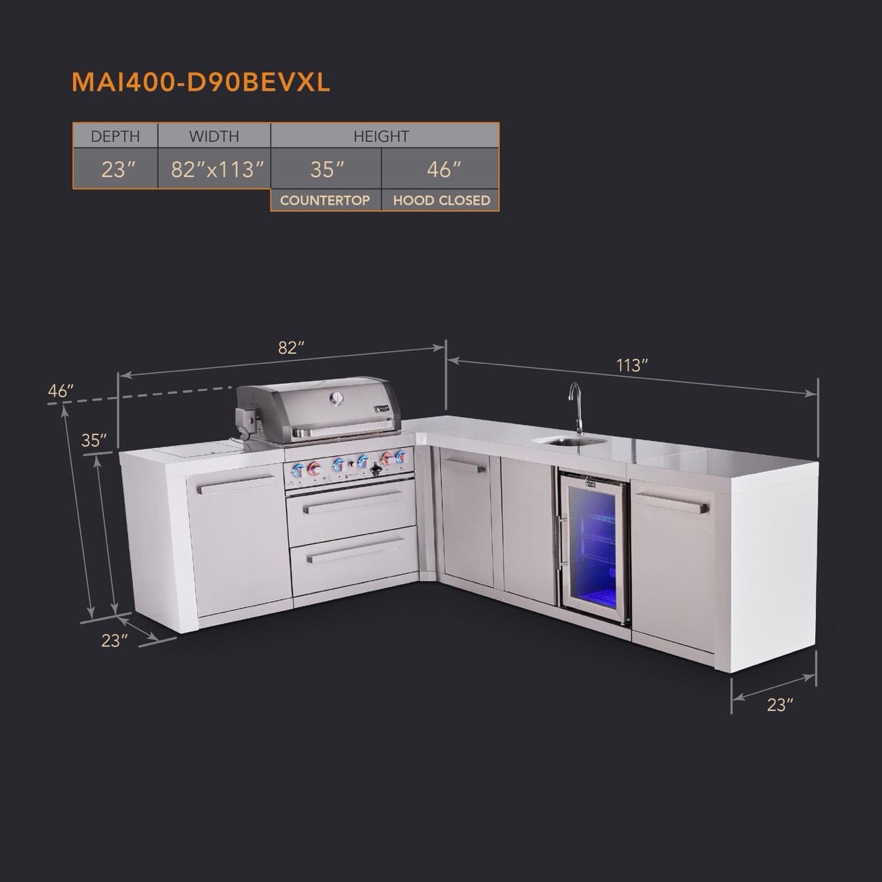 Mont Alpi Islands Mont Alpi 400 Deluxe Island with 90 Degree Corner, Beverage Center and Extra Storage Cabinet | 4-Burner Grill, Sink, Fridge, Stainless Steel | MAi400-D90BEVXL