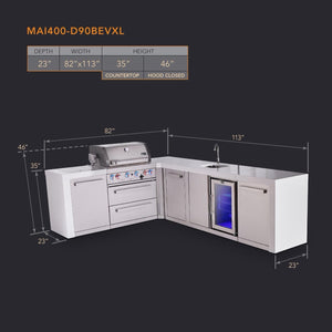 Mont Alpi Islands Mont Alpi 400 Deluxe Island with 90 Degree Corner, Beverage Center and Extra Storage Cabinet | 4-Burner Grill, Sink, Fridge, Stainless Steel | MAi400-D90BEVXL