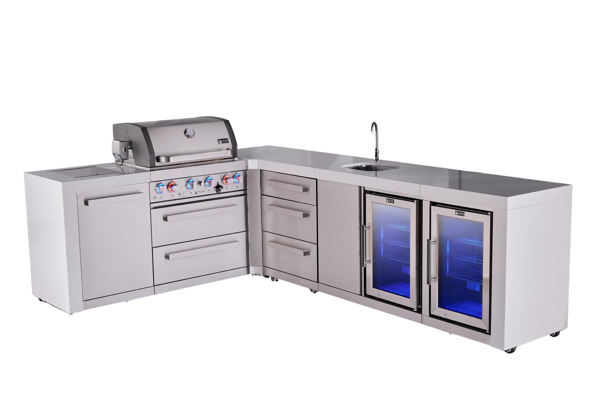 Mont Alpi Islands Mont Alpi 400 Deluxe Island with 90 Degree Corner, Beverage Center, Fridge Cabinet, and Drawer Cabinet | 4-Burner Grill, 3 Drawers, Sink, 2 Fridges, Stainless Steel | MAi400-D90BEVFCDR
