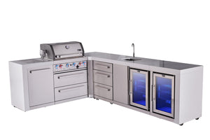 Mont Alpi Islands Mont Alpi 400 Deluxe Island with 90 Degree Corner, Beverage Center, Fridge Cabinet, and Drawer Cabinet | 4-Burner Grill, 3 Drawers, Sink, 2 Fridges, Stainless Steel | MAi400-D90BEVFCDR