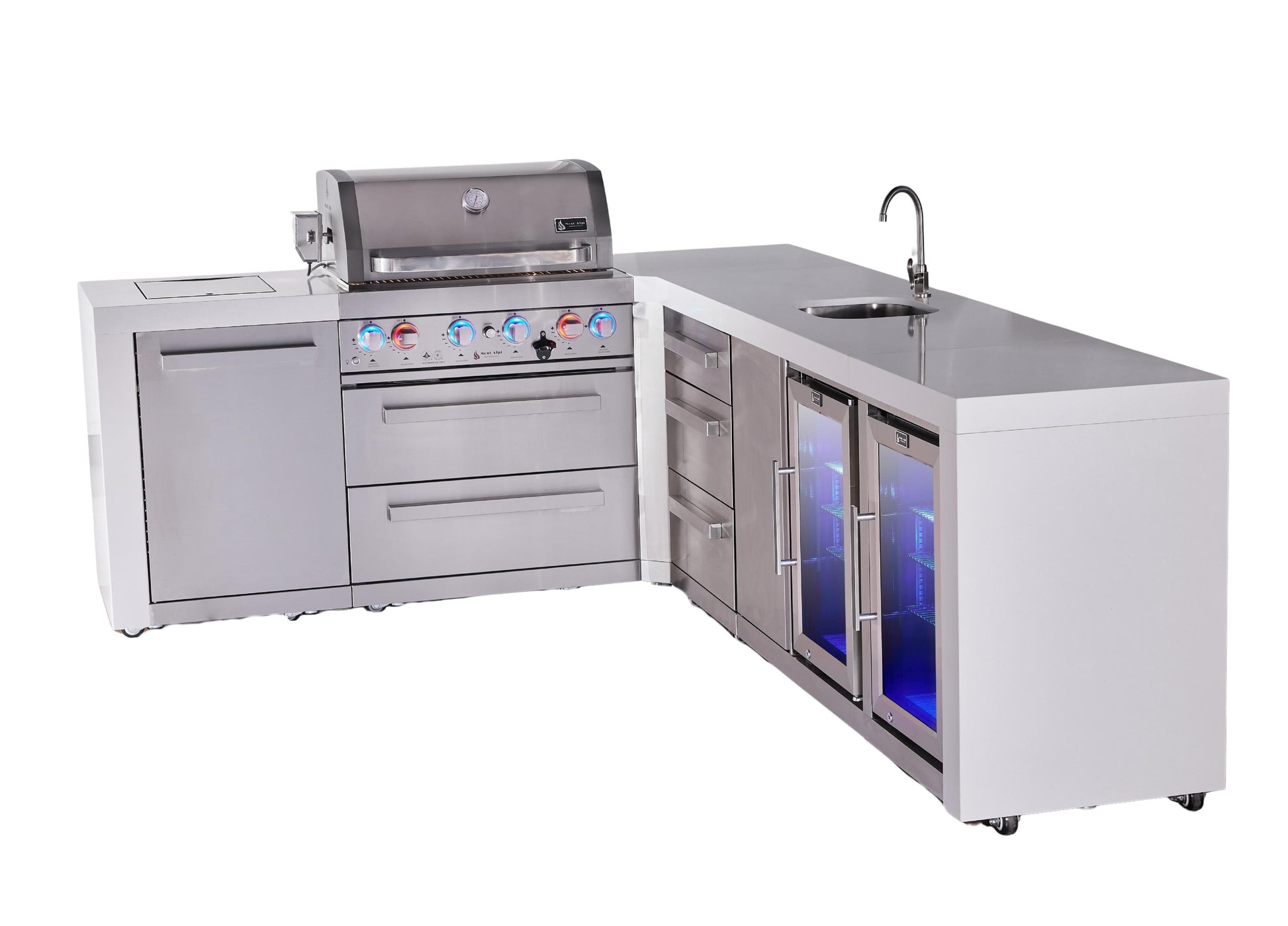 Mont Alpi Islands Mont Alpi 400 Deluxe Island with 90 Degree Corner, Beverage Center, Fridge Cabinet, and Drawer Cabinet | 4-Burner Grill, 3 Drawers, Sink, 2 Fridges, Stainless Steel | MAi400-D90BEVFCDR