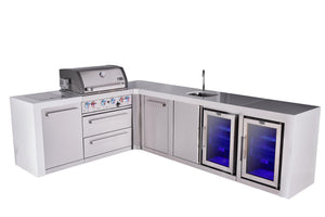Mont Alpi Islands Mont Alpi 400 Deluxe Island with 90 Degree Corner, Beverage Center, Fridge Cabinet, and Extra Storage Cabinet | 4-Burner Grill, Sink, 2 Fridges, Stainless Steel | MAi400-D90BEVFCXL